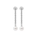 Aretes Largos Oro Blanco 14k, con Diamantes y Perla