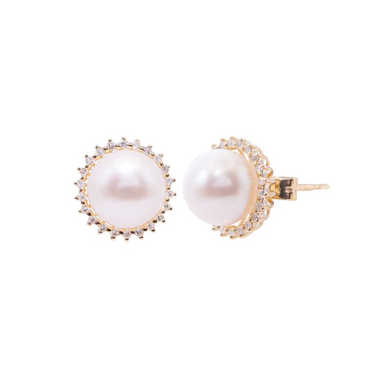 Aretes Oro Amarillo 14k, Estilo Broquel con Perlas